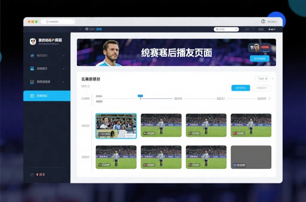 比赛结束后，电视屏幕展示集锦回放页面，旁边有时间轴和多角度切换提示
